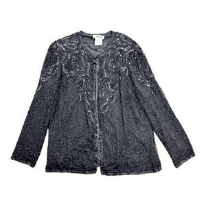 Vintage Silk Beaded Jacket Woman's M Black Sequin Special Occasion